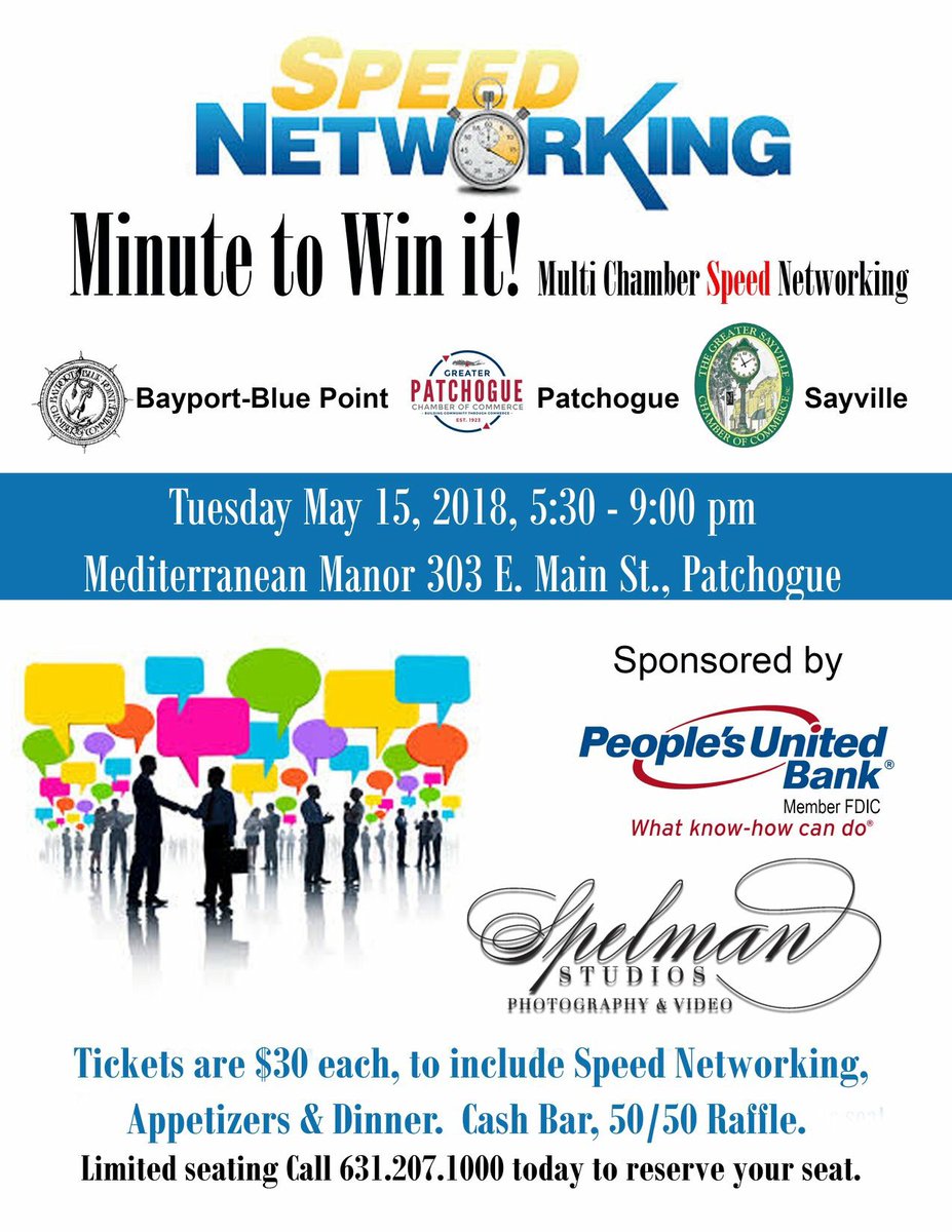 GazetteCentral's tweet photo. Network like you have never networked before! Join us along with @Patchogue & @SayvilleChamber on May 15 for Multi-Chamber Speed Networking Event! #BBP #BBPChamber #BBPBusiness #Bayport #BluePoint #SpeedNetworking #MinuteToWinIt #MultiChamber #Patchogue #Sayville https://t.co/VKMN2uJvnS