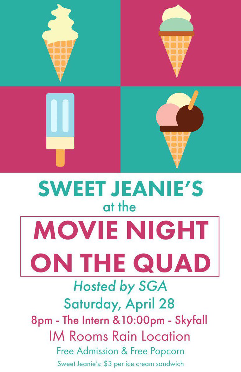 SGAatGCC's tweet photo. There will be free Popcorn from the Pittsburgh Popcorn Company and Sweet Jeanie's Ice Cream sandwiches for $3! Come out to SGA Movie Night on Saturday at 8! UPDATE: Due to weather, the event will be in the IM Rooms https://t.co/mqx2xg65dJ