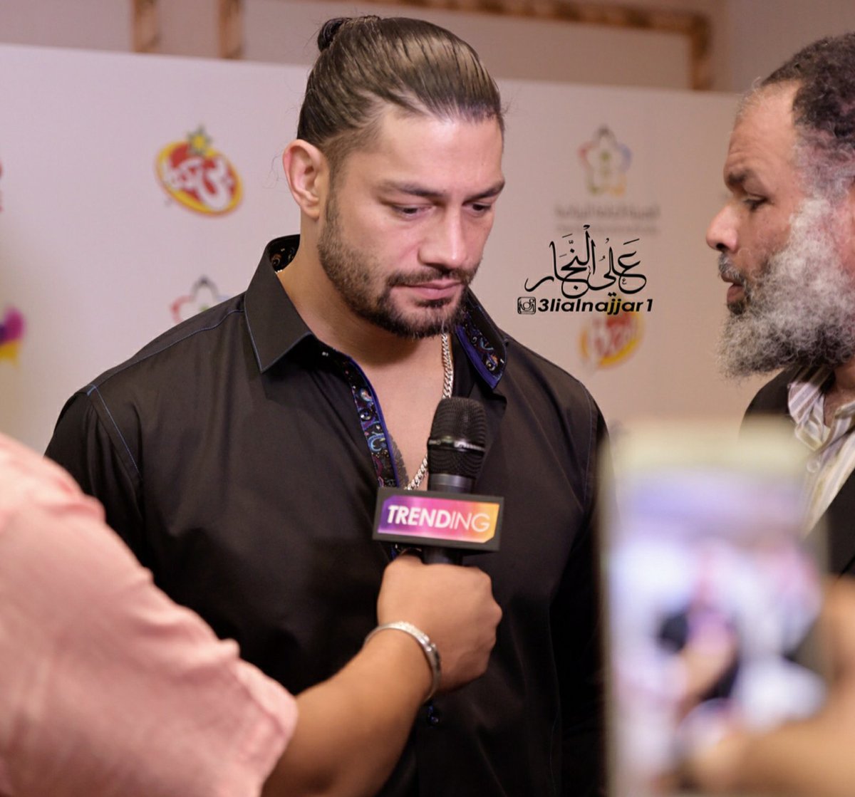 TheRREmpire_'s tweet photo. The Big Dog @WWERomanReigns doing media for #WWEGRR alongside @FinnBalor  , @WWERollins &amp; @TitusONeilWWE #WWE #WWEGRR #SaudiArabia #Jeddah  #romanempire #samoanbadass #SamoanPowerhouse (cr: 3lialnajjar1/IG) https://t.co/ymCfVDaxui