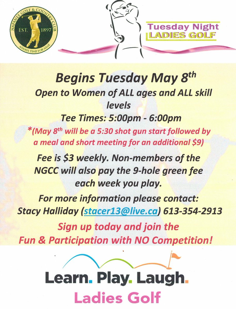 Tuesday Night Ladies Golf begins May 8 #napanee #napaneegolf #alwaystimefornine