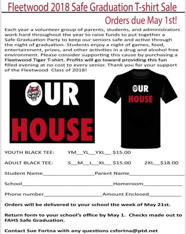 Help support Safe Graduation by purchasing a t-shirt...  The deadline is coming fast.  The order form is included below.