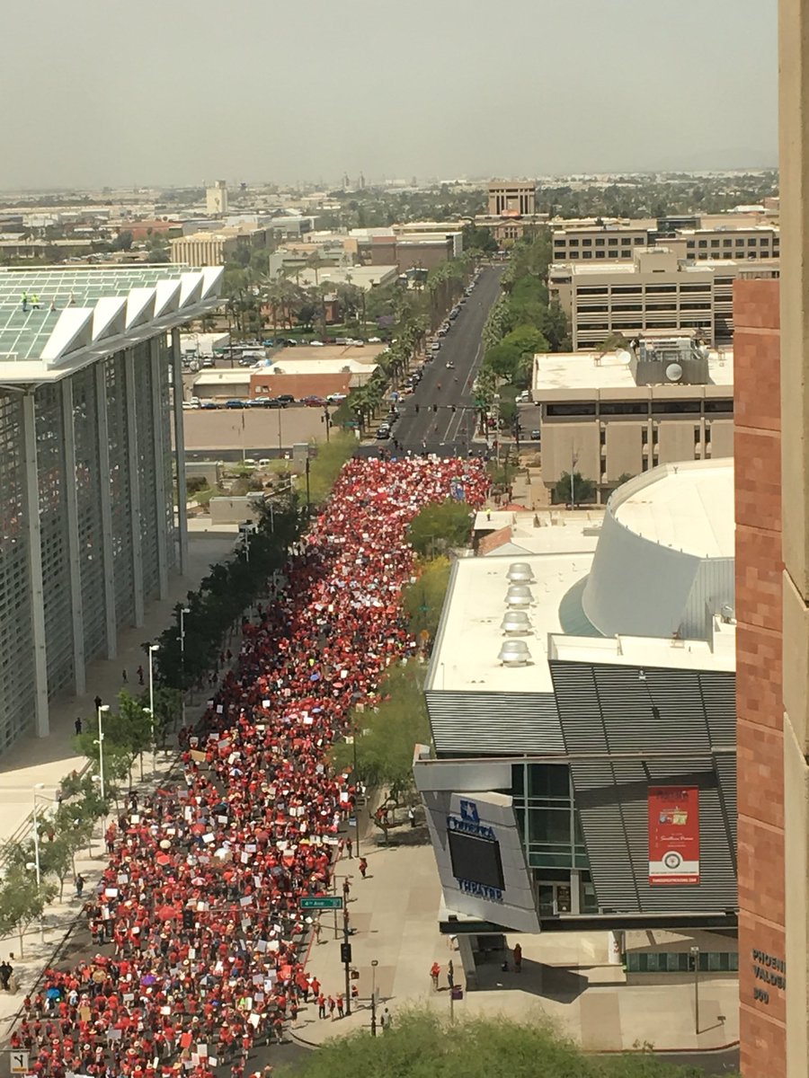 Road restrictions still in effect during teacher walk-out in downtown Phoenix. Marchers still coming down Jackson and onto 3rd Ave. Group turns west onto Washington St. roads in area restricted until approx. 1230pm.