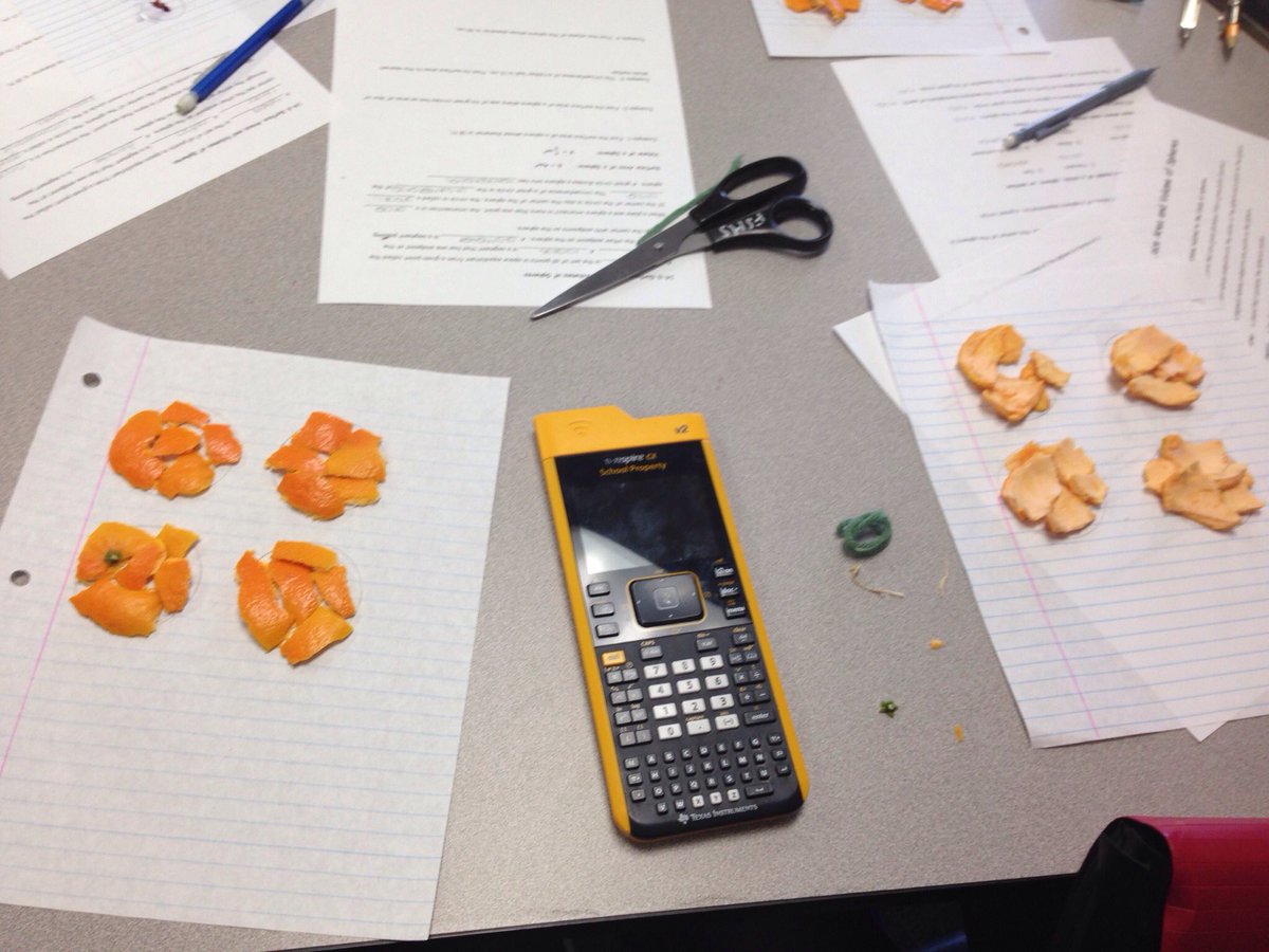 bjlangston's tweet photo. Surface area of a sphere = 4 times area of a circle with the same circumference. And oranges are tasty. #snackingandlearning https://t.co/eafXV2Gnou