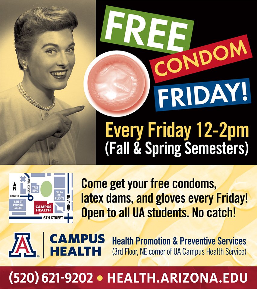 UAZCampusHealth's tweet photo. Tomorrow is the last #FreeCondomFriday of the semester! https://t.co/3Y6o8Ctlft