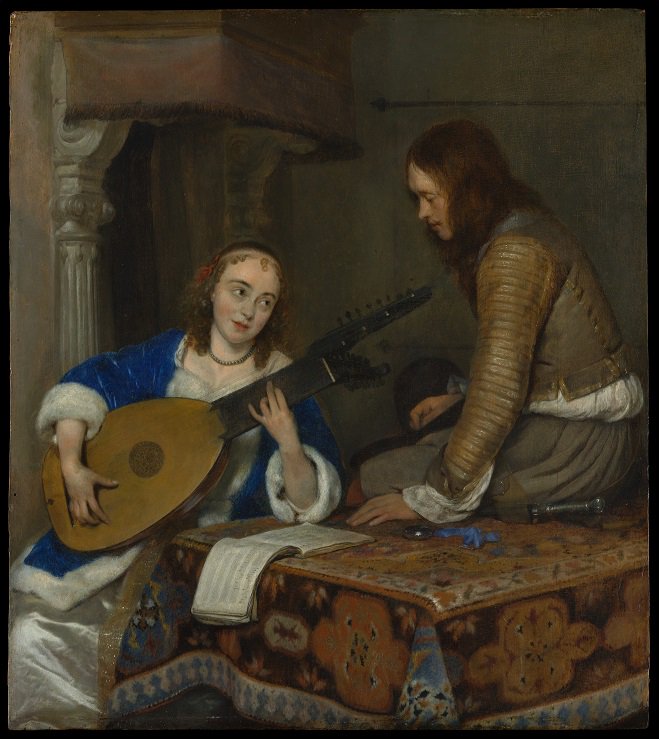 "A Woman Playing the Theorbo-Lute and a Cavalier" by Gerard ter Borch the Younger, 1658, Oil on wood
#AgelessArtz #art