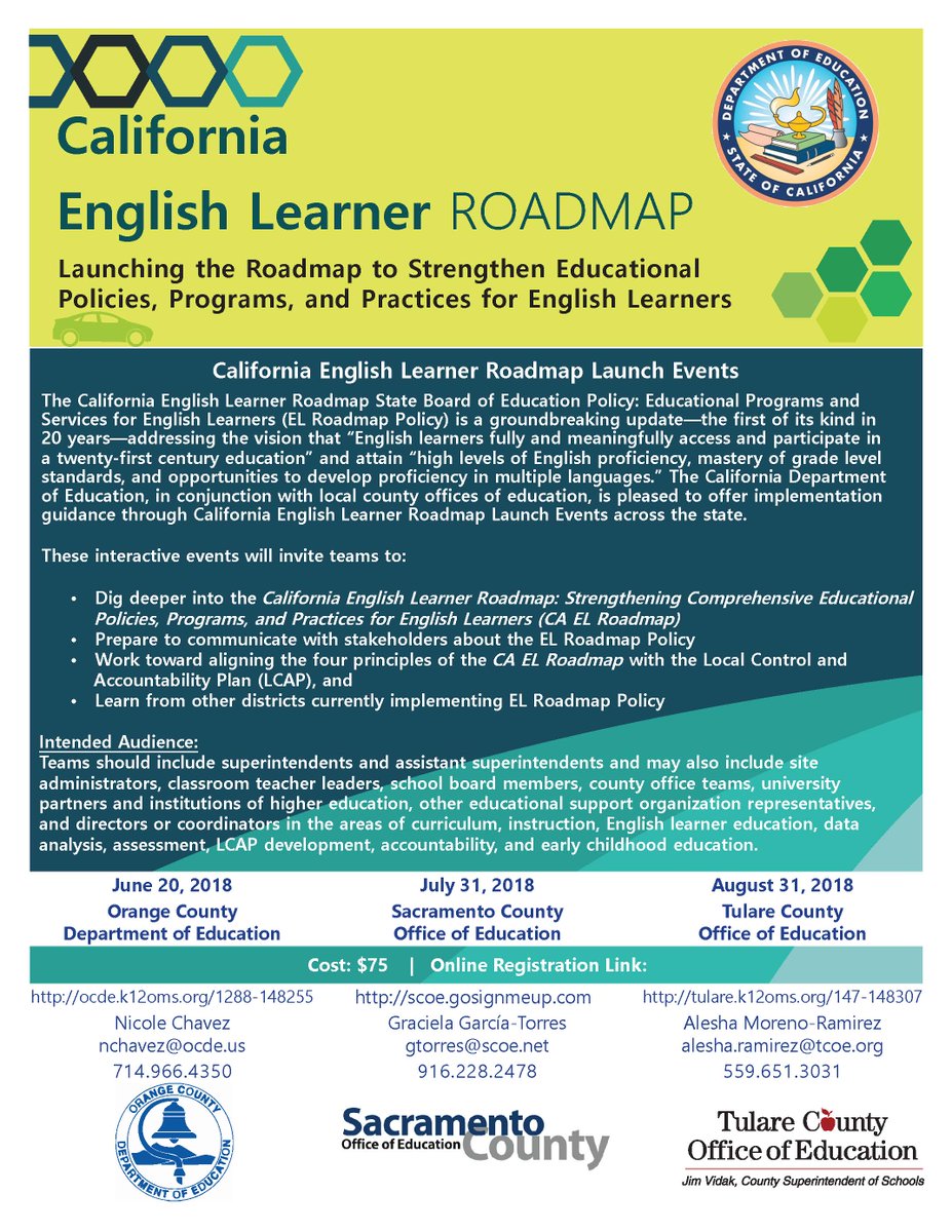 Register now for one of the CA EL Roadmap Institutes. CA EL Roadmap Intensive Institutes coming June 20, 2018, in Orange County; July 31, 2018, in Sacramento, and August 31, 2018, in Tulare.