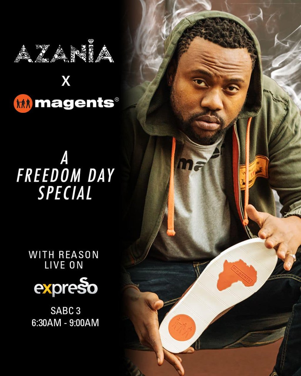 magents's tweet photo. The Rise of Afrikan Excellence made to #IGNITEYOURSOLE
Witness first on the @expressoshow tomorrow, the collective drops of the Magents #AzaniaWrapper sneaker and the single "Welcome to Azania" by @reasonhd_ featuring @therealswizzz and 'mam @sibo_khumalo
#Freedomday https://t.co/qAffotbLFz
