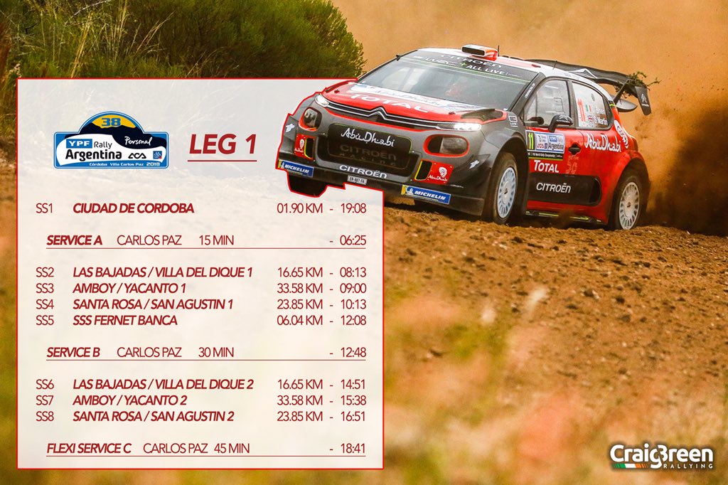 Craig Breen (@craig_breen) on Twitter photo <a href="/rallyargentina/">Rally Argentina</a> gets underway this evening at 19:08 local time, with a street stage in #villacarlospaz. <a href="/rallyargentina/">Rally Argentina</a> gets underway this evening at 19:08 local time, with a street stage in #villacarlospaz.