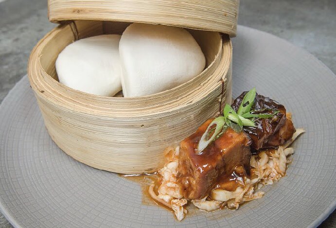 Applewood smoked pork belly bao buns with spicy Napa slaw #maison208
