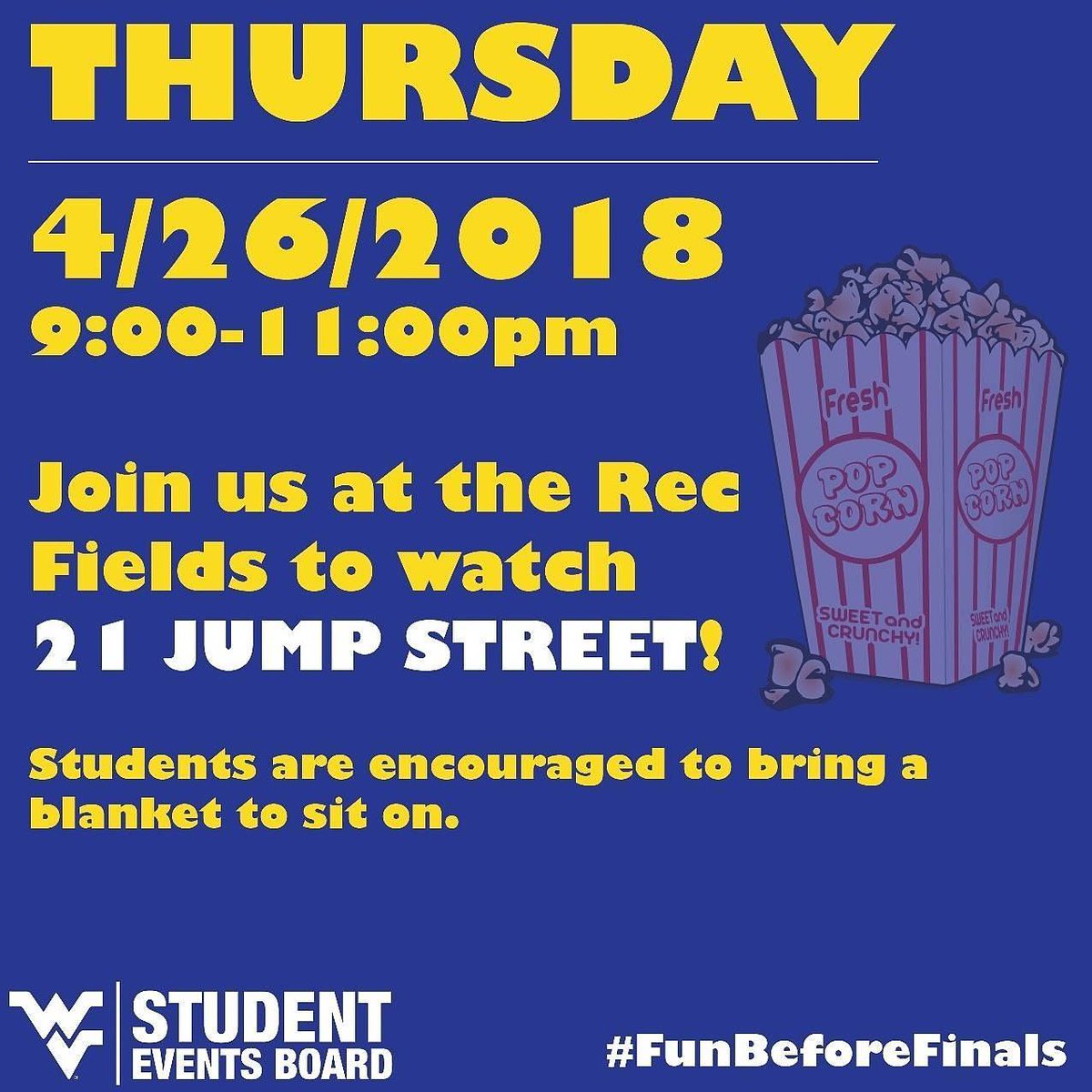 wvuseb's tweet photo. Join us TONIGHT for a movie under the stars! β¨
We'll see you at the Rec Fields! π¬
#FunBeforeFinals https://t.co/NFz2TIxLmE