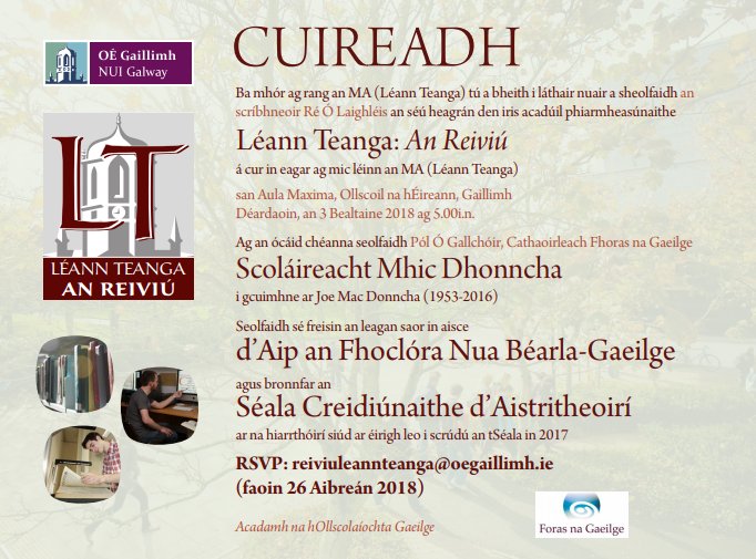 LT: An Reiviú (@anreiviu) on Twitter photo Bígí linn seachtain ó inniu san Aula Maxima, Ollscoil na hÉireann, Gaillimh @ 5pm do sheoladh An Reiviú! #LéannTeangaAnReiviú #Gaeilge #BliainnaGaeilge @GaeilgeOEG @AcadamhOEG <a href="/ForasnaGaeilge/">Foras na Gaeilge</a> Bígí linn seachtain ó inniu san Aula Maxima, Ollscoil na hÉireann, Gaillimh @ 5pm do sheoladh An Reiviú! #LéannTeangaAnReiviú #Gaeilge #BliainnaGaeilge @GaeilgeOEG @AcadamhOEG <a href="/ForasnaGaeilge/">Foras na Gaeilge</a>
