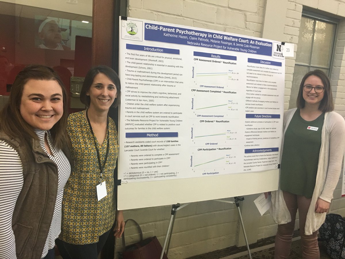 NebraskaBabies's tweet photo. Melanie Fessinger, Kate Hazen and Claire Patnode with our poster on Child-Parent Psychotherapy in juvenile court at the @UNL_CYFS #ECSummit18 https://t.co/sm5xvoOH02