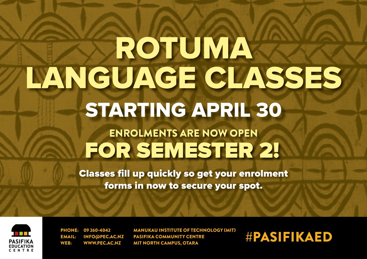 PasifikaEd's tweet photo. Learn a FREE Pacific language in South Auckland. Classes start from Monday, 30th April. Tongan, Fijian, Rotuman or Cook Islands Māori evening classes once a week for ten weeks @ Pasifika Community Centre @ MIT Ōtara. For NZ residents aged 16+ Enrol now! https://t.co/zzTirollY7 https://t.co/1j99Rz5dDt