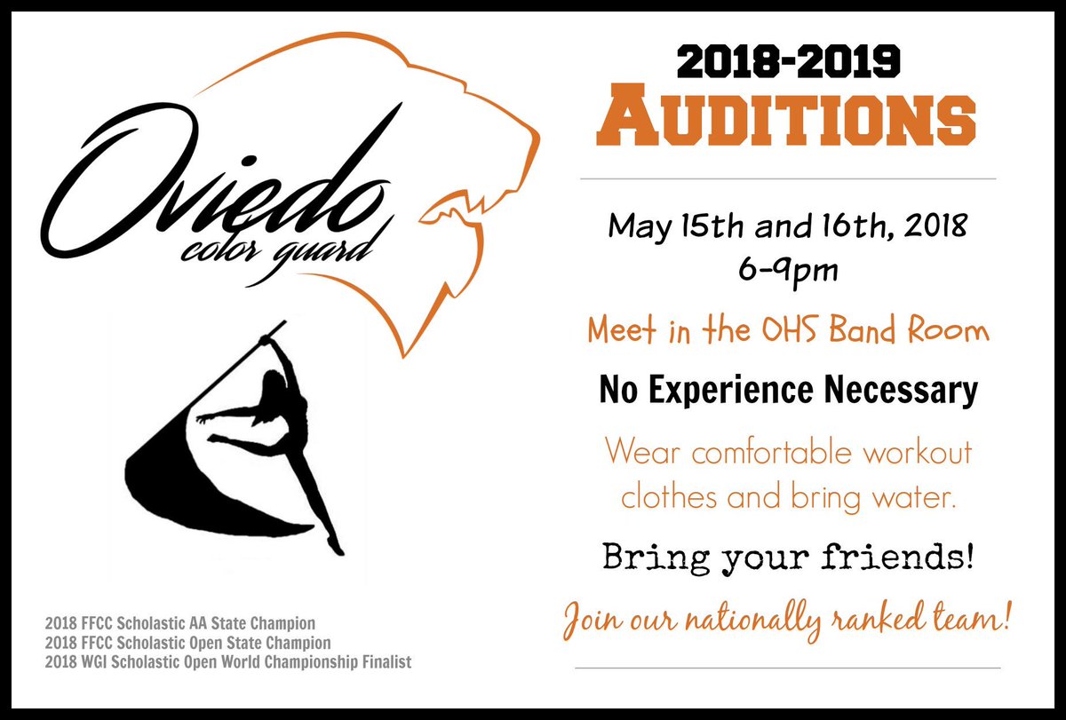 oviedoband's tweet photo. Come audition for our nationally ranked Color Guard!  You know you want to...or have a friend who wants to! https://t.co/SKzdwe0d9a
