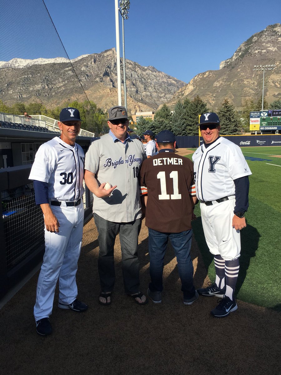 cleiscalling's tweet photo. Threw out first pitch at @BYUBaseball with @Browns Detmer jersey. No WAY Mayfield throws 7 picks in a game #NFLDraft #Browns https://t.co/LRtnEfc0TK