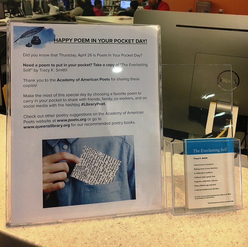 QPLNYC's tweet photo. Happy #PoemInYourPocketDay! Be sure to choose a favorite poem to share with friends, family & co-workers today. Share your poem with us, too, using #LibraryPoet!
Need a #pocketpoem? Stop by #CentralLibraryJamaica and pick up a copy of “The Everlasting Self" by Tracy K. Smith! https://t.co/bBgCHjfZX5