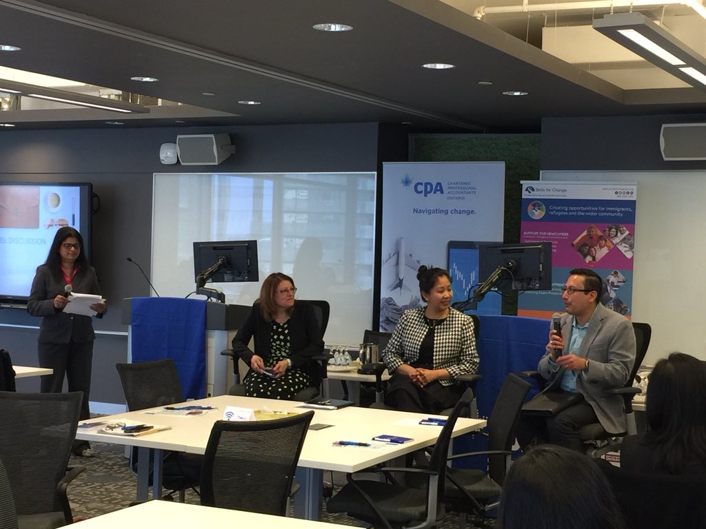 SkillsforChange's tweet photo. “I came to Canada in 2013...Skills for Change mentoring program connected me to a mentor which helped led me to my first job at Deloitte.” Kanchan, one of the panelists at the Working in Finance and Accounting event at @CPA_Ontario https://t.co/jRMtOzPtH7