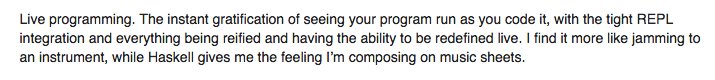 stathissideris's tweet photo. Very nice metaphor about Clojure vs Haskell programming by someone who does both https://t.co/id1K1GI1E7 https://t.co/7XwhiiHSJJ