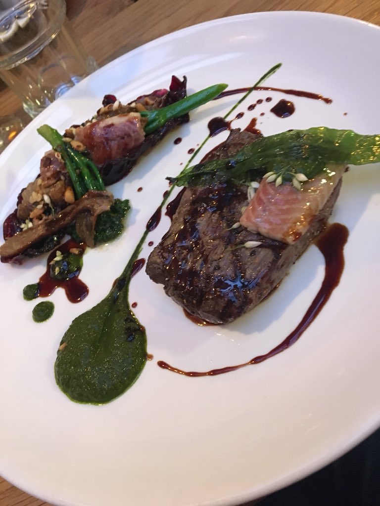 Seriously the most exquisite meal  by Sean at  @bullrambelfast <a href="/MeatPeter/">Peter Hannan</a> fillet,  smoked eel  wild garlic, wild mushrooms and braised red cabbage