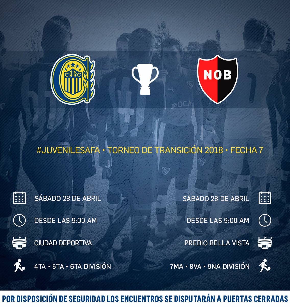 CARCJuveniles's tweet photo. #JuvenilesAFA 🗓 ¡Llega el partido que todos esperamos! #RosarioCentral se mide ante Newell's por la fecha 7 del torneo de Transición.

⚠ Por disposición de seguridad, los encuentros se disputarán a puertas cerradas.

#VamosLosPibes #VamosCentral 💙💛 https://t.co/uNkVvBNjFV