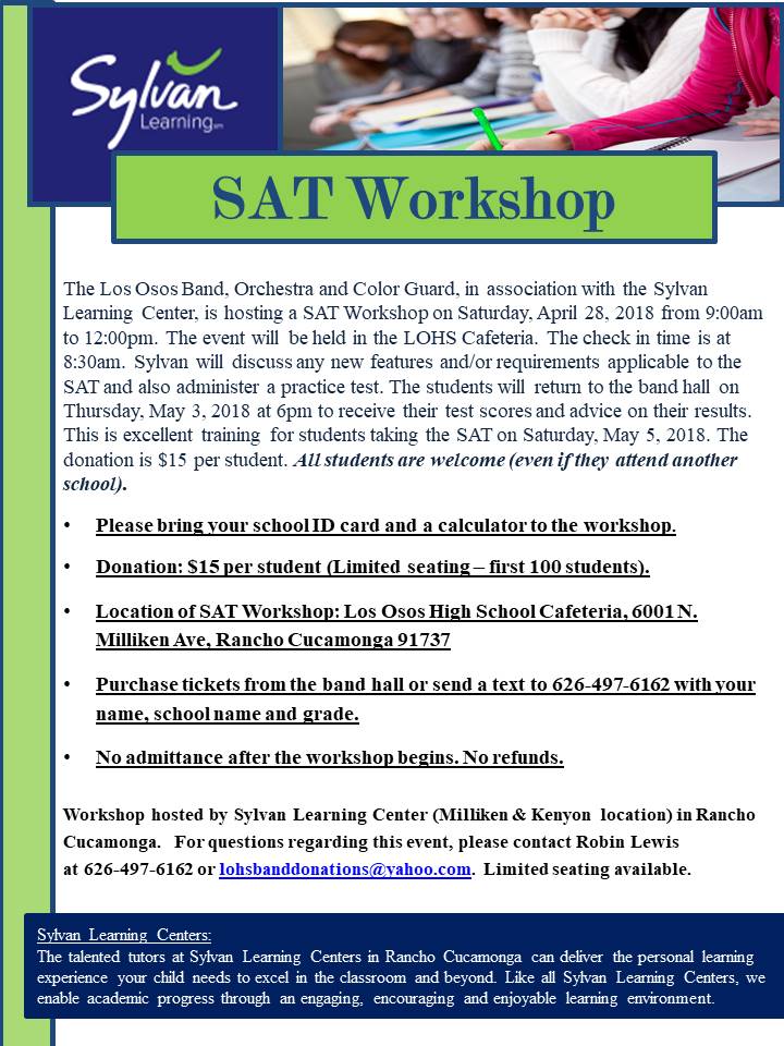 Lohsregiment's tweet photo. Sylvan Learning Center - SAT Workshop at Los Osos High School - This Saturday, April 28th from 9-12. Review scores on May 3rd at 6pm. Just in time for the May 5th SAT test. RSVP your spot at lohsbanddonations@yahoo.com @CaptGrizzly @LOHShelp @LOHSASB @RCHSAVID @ehs_guidance https://t.co/lUyzuuhlEu