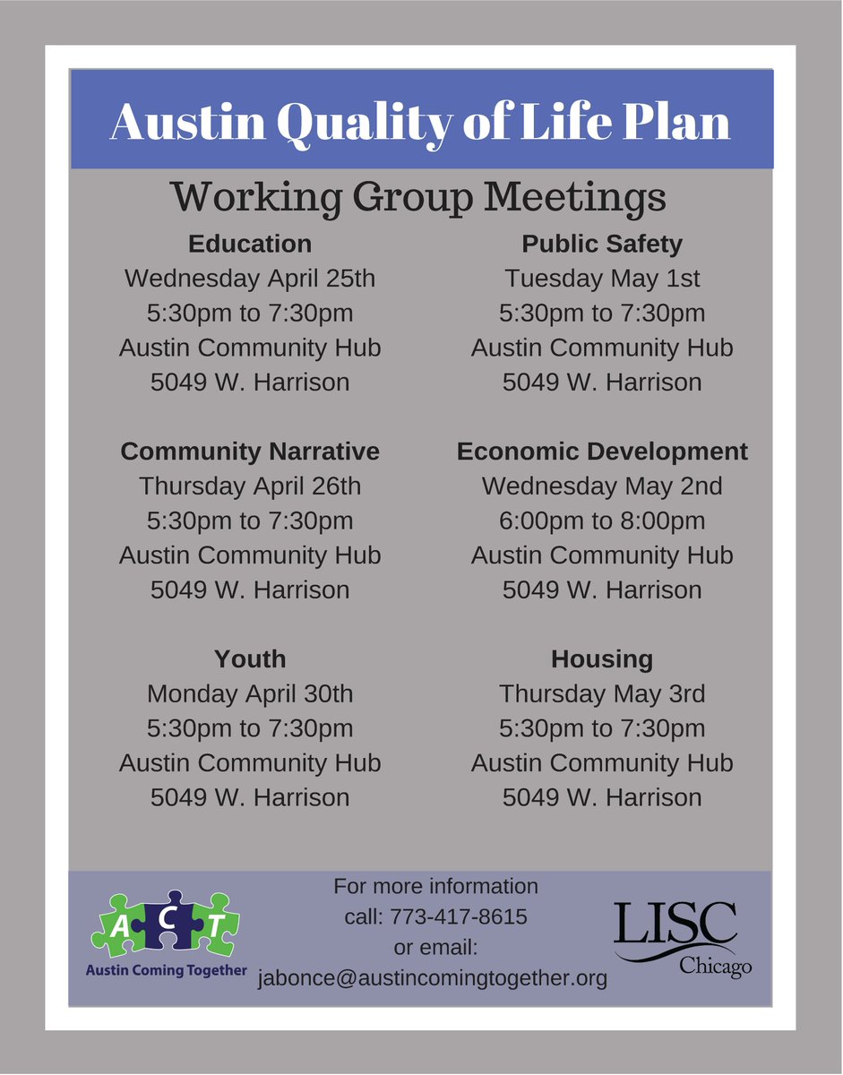 ACT_Chicago's tweet photo. Join us #tonight for the #Austin #QualityOfLifePlan working group meeting. Tonight's focus is on #CommunityNarrative.
#WeLoveAustinChi #Chicago #Westside #AustinComingTogether #AustinWorkingTogether #Thrive2025 #AdvancingAustin https://t.co/hZPkJUeMau
