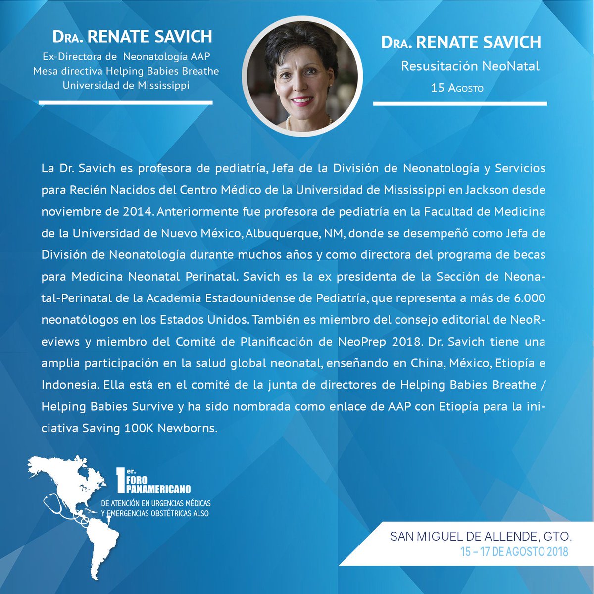 La Dra. Renate Savich, Ex-Directora de Neonatología AAP, Mesa Directiva Helping Babies Breathe en la Universidad de Mississippi, nos acompaña en nuestro 1er Foro Panamericano PACE. ¿YA RESERVASTE? goo.gl/xDbgUB #SomosPACE