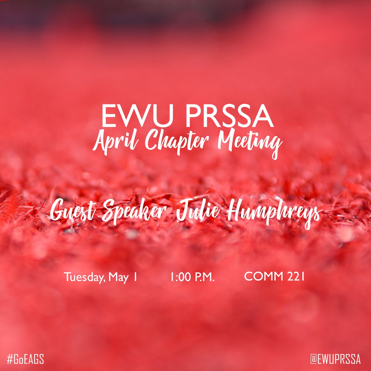 EWUPRSSA's tweet photo. Interested in working in nonprofit PR? Guest Speaker, Julie Humphreys, Second Harvest Washington will be speaking at our April chapter meeting next week Tuesday, May 1 at 1:00 p.m., in the Communications Building room 221. #EWU #EWUPRSSA #GOEAGS https://t.co/BapvTCnEdg