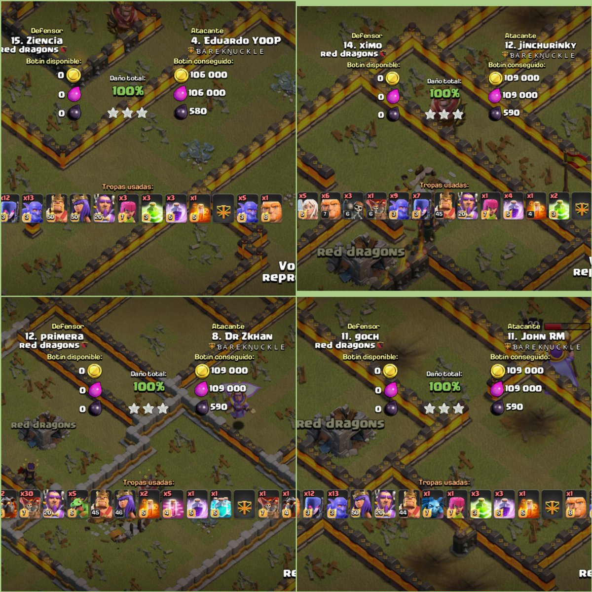 Buenísima guerra de 15 vs 15 TH11 contra un clan español logrando 8 plenos vs 2 de ellos,gran trabajo!!💪💪