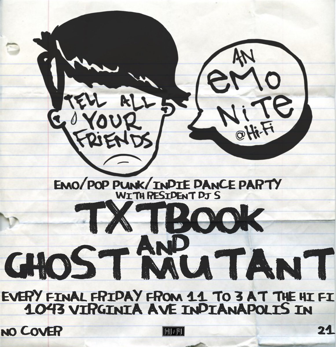 TOMORROW: <a href="/LUNAmusic/">LUNA music</a> presents <a href="/kevinmorby/">Kevin Morby</a> w/ <a href="/hand_habits/">hand habits</a> at #hifiindy! Followed by the first ever <a href="/TAYFPARTY/">TellAllYourFriends</a> Emo Nite - an emo/pop punk/indie dance party with resident DJs @CHADTXTBOOK &amp; <a href="/GHOSTMUTANT/">still alive</a> (FREE).