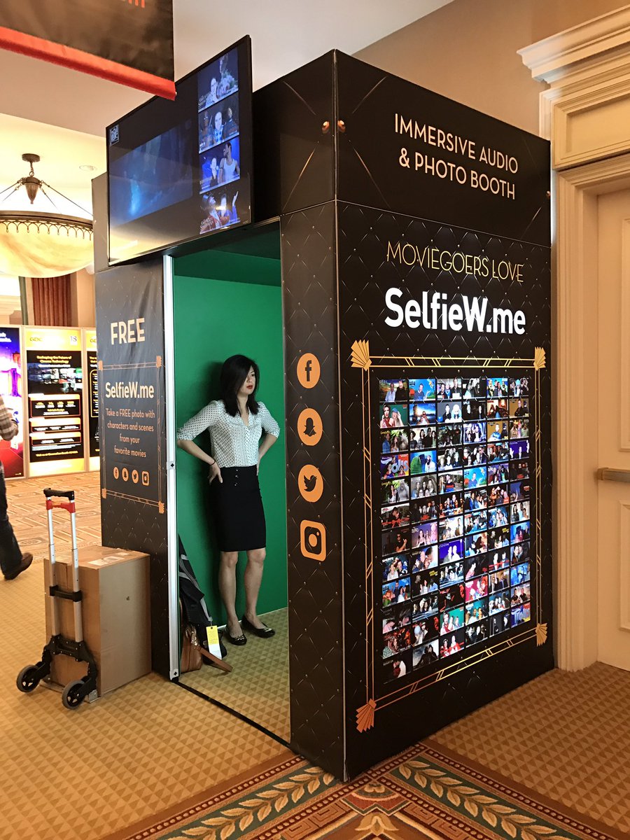 LA based <a href="/selfiewme/">SelfieW.me</a> selfie photo booths are all over #CinemaCon - and at the Pacific Theater at the Grove. The booths take a pic, add your photo to movie images, and text or email it to you instantly