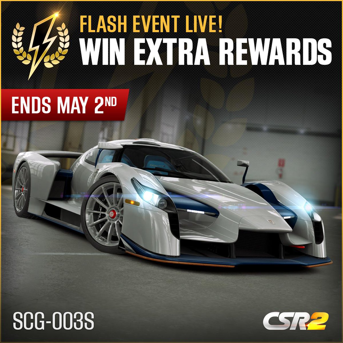 CSRRacing's tweet photo. Add the unique SCG-003S to your collection and race it to the finish in a brand new Flash Event! Don't forget to update your game to access the event! #CSR2 https://t.co/WFVwhiy25d