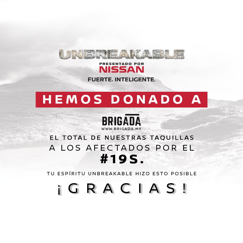 UnbreakableMX's tweet image. Gracias al esfuerzo y unión de todos los mexicanos, hoy donamos a @brigada_mex el TOTAL de nuestras taquillas de #CDMX, #MOR y #VER en apoyo a los afectados por los sismos #19s. ¡Tu espíritu #UnbreakableMX hizo esto posible! Conoce más en brigada.mx