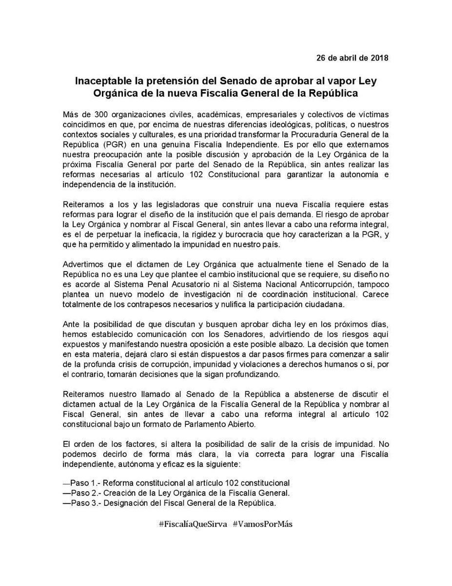 Inaceptable la pretensión del <a href="/senadomexicano/">Senado de México</a> de aprobar al vapor la Ley Orgánica de la nueva #FiscalíaGeneral de la República. 
Transformar la <a href="/PGR_mx/">CasinoPPC📌</a> en una genuina #FiscalíaQueSirva debe ser una prioridad: