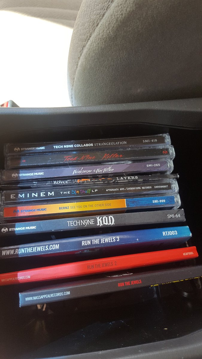 Glen__how's tweet image. Cds in my car. @runjewels @therealelp @KillerMike #rtj1 #rtj2 #rtj3 @Wrekonize @ITSBERNZ @Eminem @Royceda59 @TechN9ne