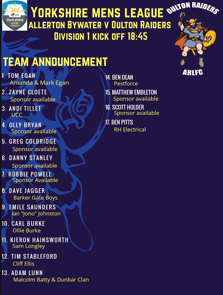 OultonRaidersOA's tweet photo. Head coach @Ryanjamesyork has named his 17 for tomorrow nights @YorkshireRL away game to Allerton Bywater ko 18:45 #GoRaiders https://t.co/xTITfzLIOn