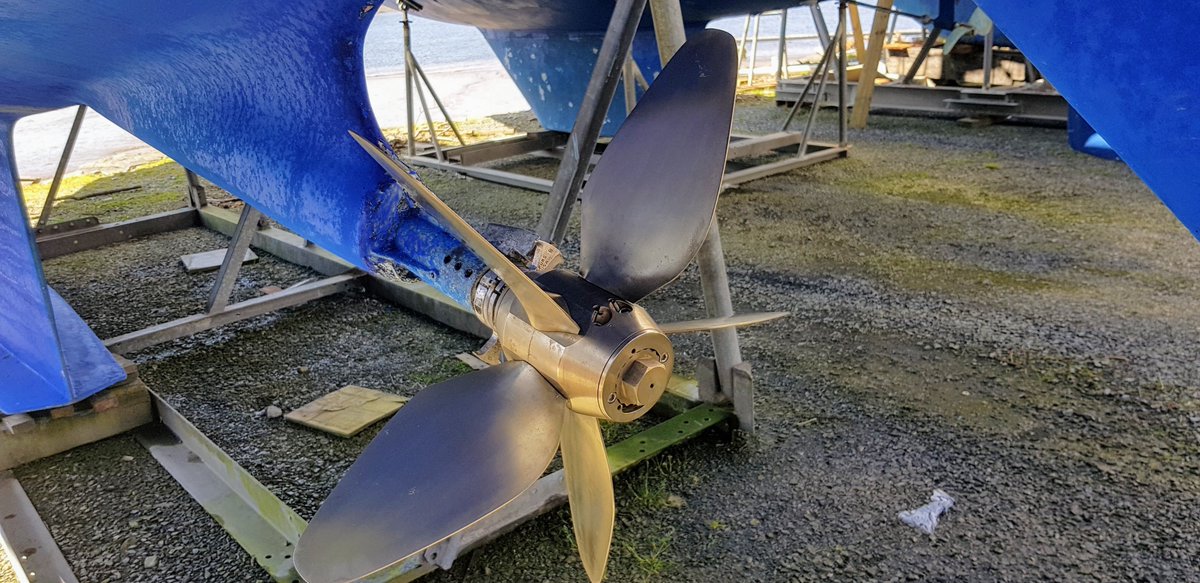 carberysailing's tweet photo. If you have ever wondered what made Merlin move when there is no wind, then wonder no longer. This is a picture of the freshly polished propeller that does all the work. We are hard at work getting Merlin ready for the summer season in Ahakista. https://t.co/EPNujnyDhP