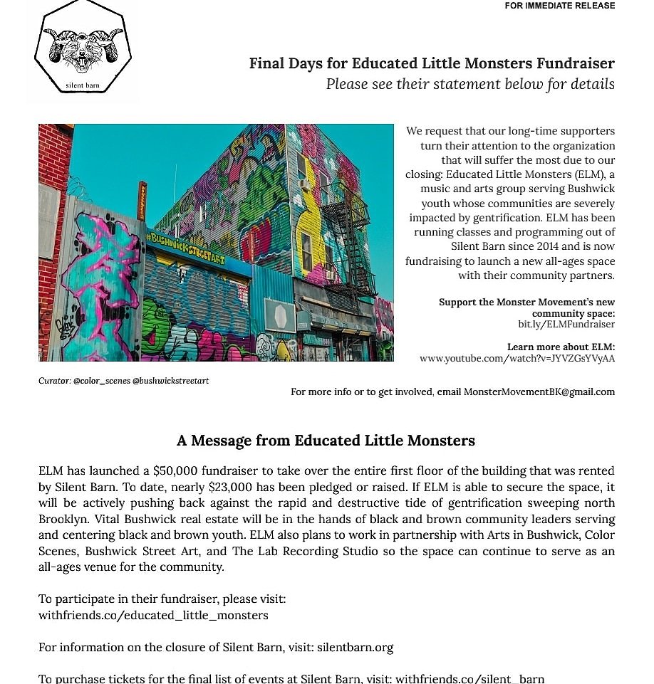 WITH THE CLOSING OF The Silent Barn, ELM HAS BEGUN RAISING MONEY TO BECOME THE NEW LEASE HOLDERS OF 603 BUSHWICK AVE AND MAKING IT A MUSIC &amp; ART SPACE CENTERING BLACK &amp; BROWN YOUTH IN BUSHWICK! 
THIS IS A VICTORY STORY ❤  HELP THEM REACH THEIR GOAL
Donate
withfriends.co/educated_littl…