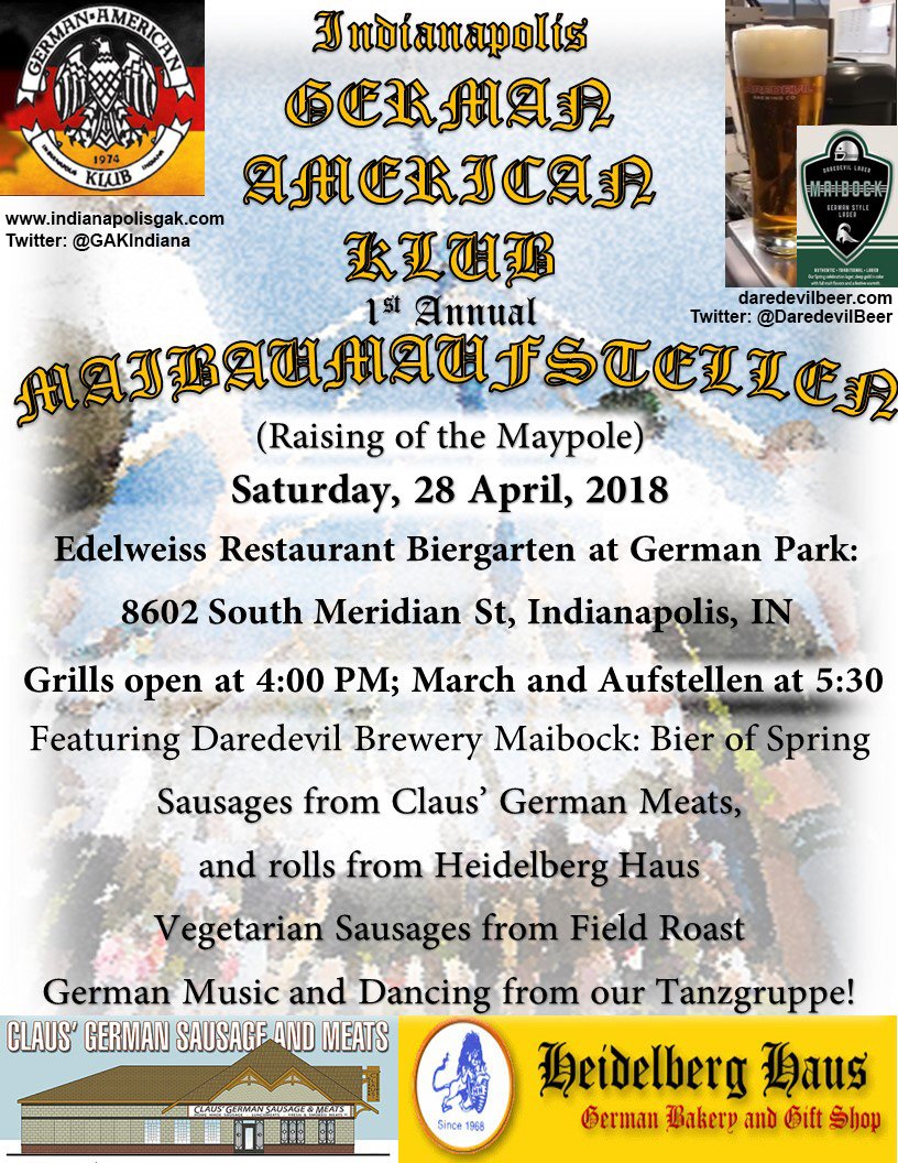 In 48 hours, the maibaum will be going up! And, we'll be enjoying some <a href="/DaredevilBeer/">Daredevil Brewing Co</a> Maibock! Come have some fun with us Saturday afternoon!
<a href="/IndianaGHS/">IN German Heritage</a> <a href="/indystar/">IndyStar</a> <a href="/IndianaBeerBlog/">IndianaBeer.com</a> #maibaum #maitag #maibock