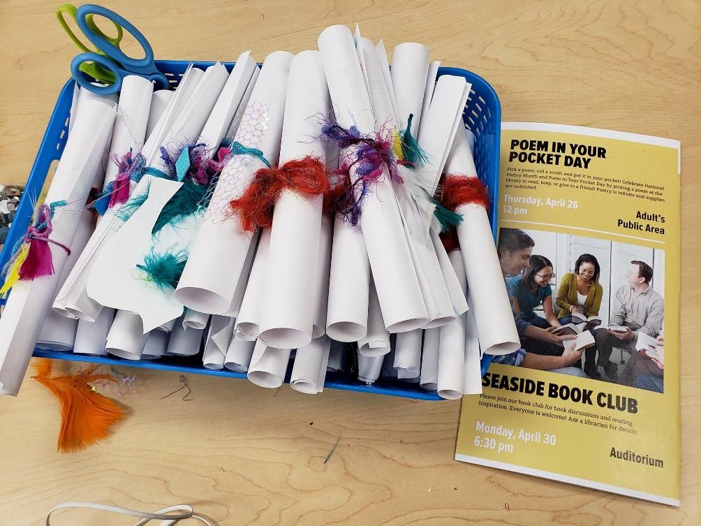 QPLNYC's tweet photo. Thank you to the teens at #SeasideLibrary who rolled and decorated poetry scrolls for #PoemInYourPocketDay! Share your #pocketpoem with us using #LibraryPoet! #NationalPoetryMonth https://t.co/BUbfR1vNzL