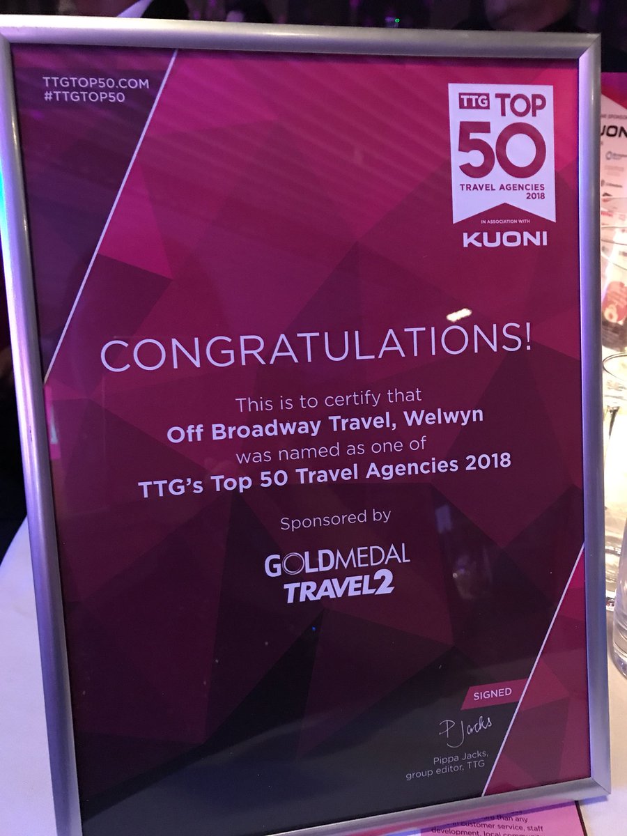 Natoffbroadway's tweet photo. So so proud of the @OffBroadwaytvl team for coming 2nd in our category at the #TTGTop50 #Toptravelagencysoutheast and winning a place in the #TTGTop50 Travel Agencies https://t.co/17eWYTSI1W