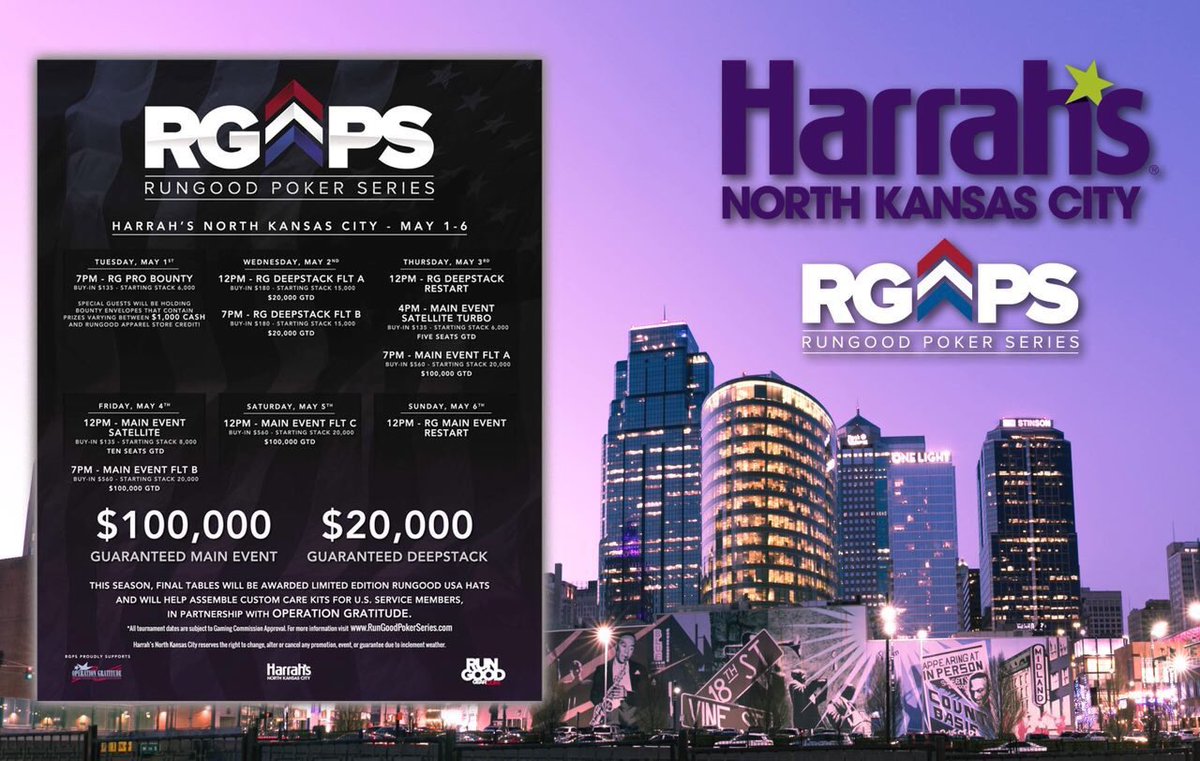 5 more days until KC's RunGood Week at @HarrahsNKC! 
Join me for the kick off day Tuesday, May 1st 7PM for the $135 RG Pro Bounty! Knock any of the RG Pros or Celebrity DJ's out and win their bounty envelope ranging from $1K cash to RG Apparel! #GiveGood 🇺🇸