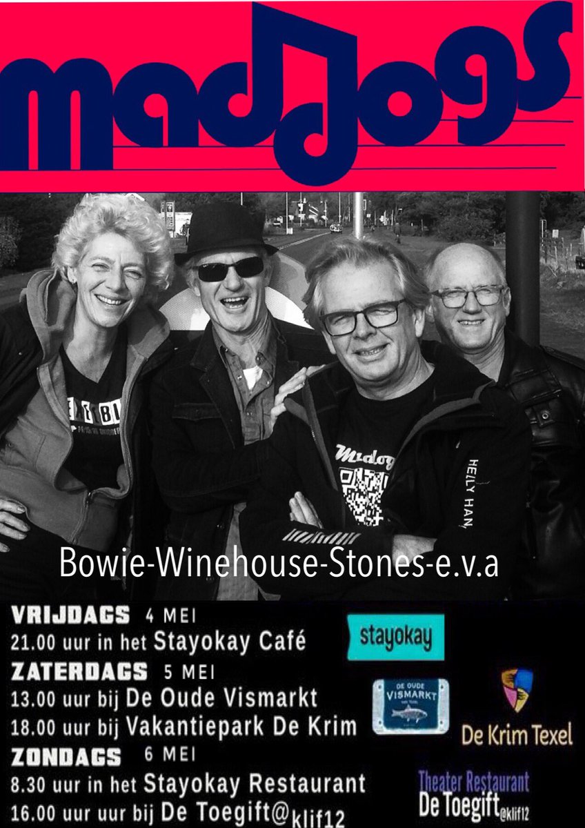 Van 4-6 mei spelen we 5x op #Texel  en nemen #bowie mee! <a href="/stayokay_texel/">Stayokay Texel</a> <a href="/DeKrimTexel/">De Krim Texel</a> <a href="/Klif12/">De Toegift</a> @oudevismarkttx <a href="/UITladderTexel/">Uitladder voor Texel</a> <a href="/texelsecourant/">Texelse Courant</a> <a href="/VVVtexel/">VVV Texel</a>