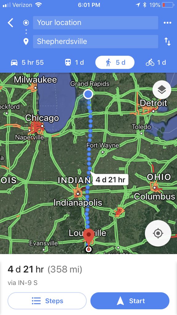 Michigan_Tony's tweet photo. It’s pretty sad when the pkg you ordered on @amazon prime takes 7 days to arrive from just outside Louisville Ky.   According to google maps, I could’ve walked it here faster. https://t.co/5XVepB1P8W