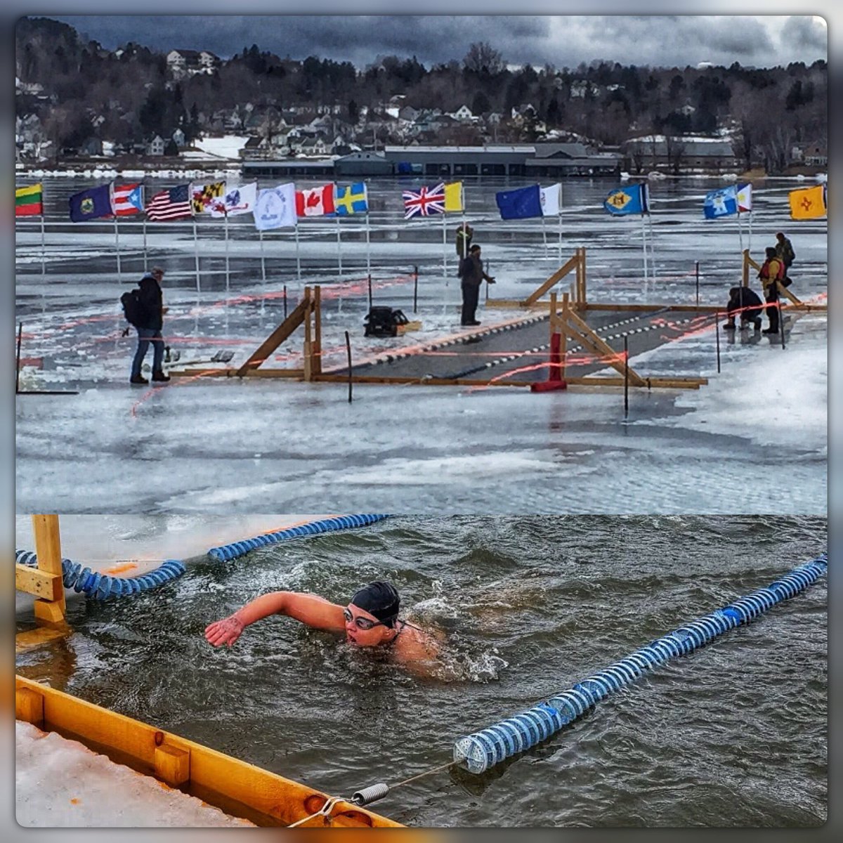 SwimFrostburg's tweet photo. #TBT to when our Masters swimmer Jan Burton competed in the Memphremagog Winter Swim Festival! At the festival participants competed in a series of events that took place in a brisk 31.5 degree 25 meter pool cut in the ice of Lake Memphremagog! ๐ช๐ผโ๏ธ #TheRealMVP #FSUSwim https://t.co/qCB9GvcFjL