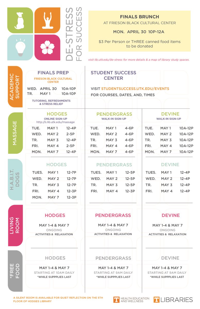 UTKLibraries's tweet photo. Done with classes? Here's your schedule to De-Stress for Success with the Libraries as you prepare for finals. #VolEvents #DeStress #UTK https://t.co/Ze9g2hHZiD