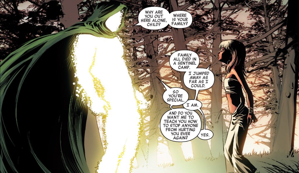 Even as Hickman reveals the grand mechanics of his plot, he seeds smaller mysterious.For example, the implication that some of Doom's "black swans" are versions of familiar heroes.Here, Ilyana Rasputin, Lady Deadpool, mohawk Storm.(New Avengers #33.)