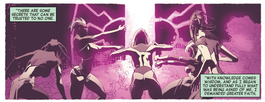 Even as Hickman reveals the grand mechanics of his plot, he seeds smaller mysterious.For example, the implication that some of Doom's "black swans" are versions of familiar heroes.Here, Ilyana Rasputin, Lady Deadpool, mohawk Storm.(New Avengers #33.)