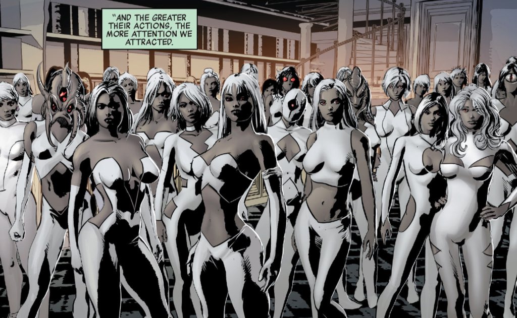 Even as Hickman reveals the grand mechanics of his plot, he seeds smaller mysterious.For example, the implication that some of Doom's "black swans" are versions of familiar heroes.Here, Ilyana Rasputin, Lady Deadpool, mohawk Storm.(New Avengers #33.)