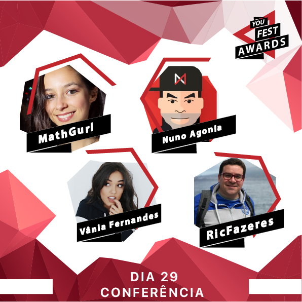 Não percas, dia 29, às 12h, conferência sobre o tema "Os Valores do Youtube" com <a href="/MathGurl73/">MathGurl</a> , <a href="/RicFazeres/">RicFazeres</a> , <a href="/NunoAgonia/">Nuno Agonia</a> e <a href="/vaniafernandes/">Vania Fernandes</a>! Vem assistir e participar, pois haverá um Q&amp;A no final da conferencia!! Garante já o teu Bilhete! ;-) #youfestawards #yfa2018